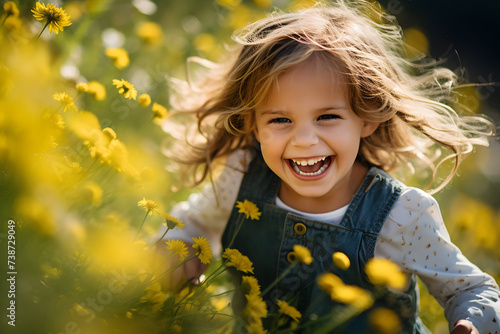 Portrait of a beautiful little girl in the field of yellow flowers © gographic