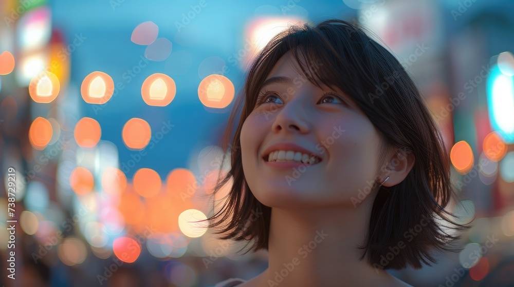 A cute beautiful girl smiling back in the bustling streets of Tokyo, surrounded by vivid neon lights and lively city atmosphere. Generative AI.