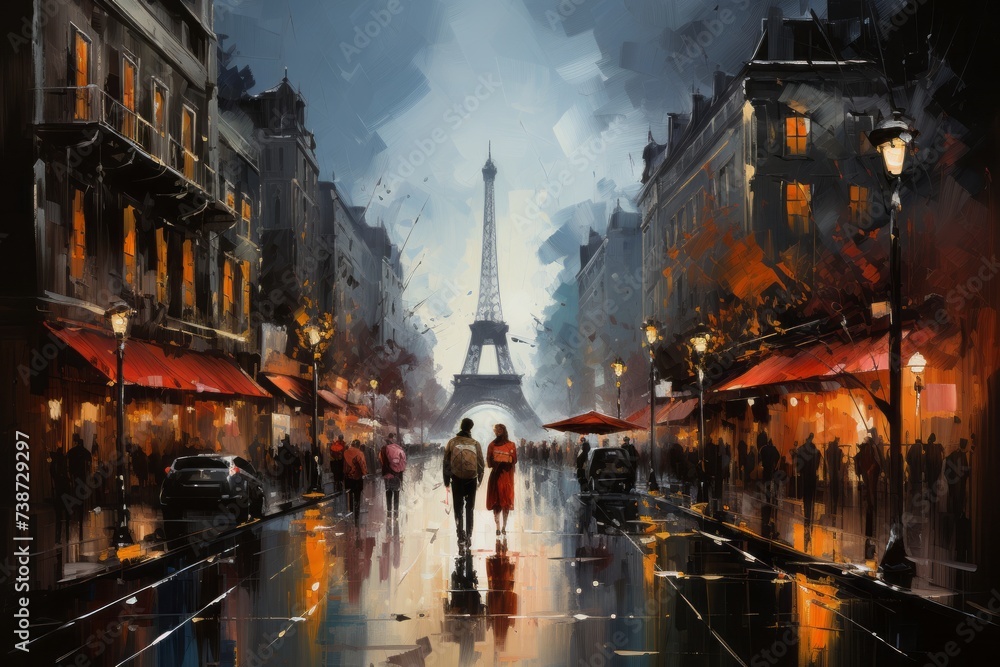 a painting of people walking down a street in paris with the eiffel tower in the background