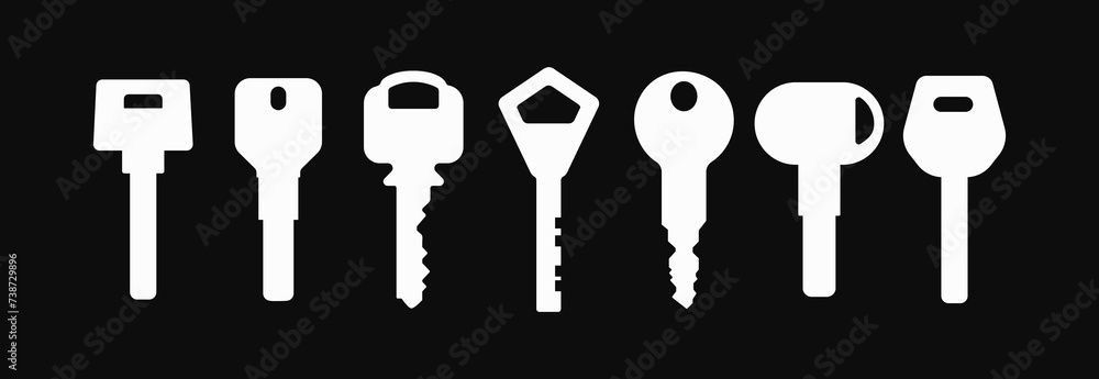 Set of Door keys white silhouettes on dark background. Vector objects Set of Door keys white silhouettes on dark background. Vector objects