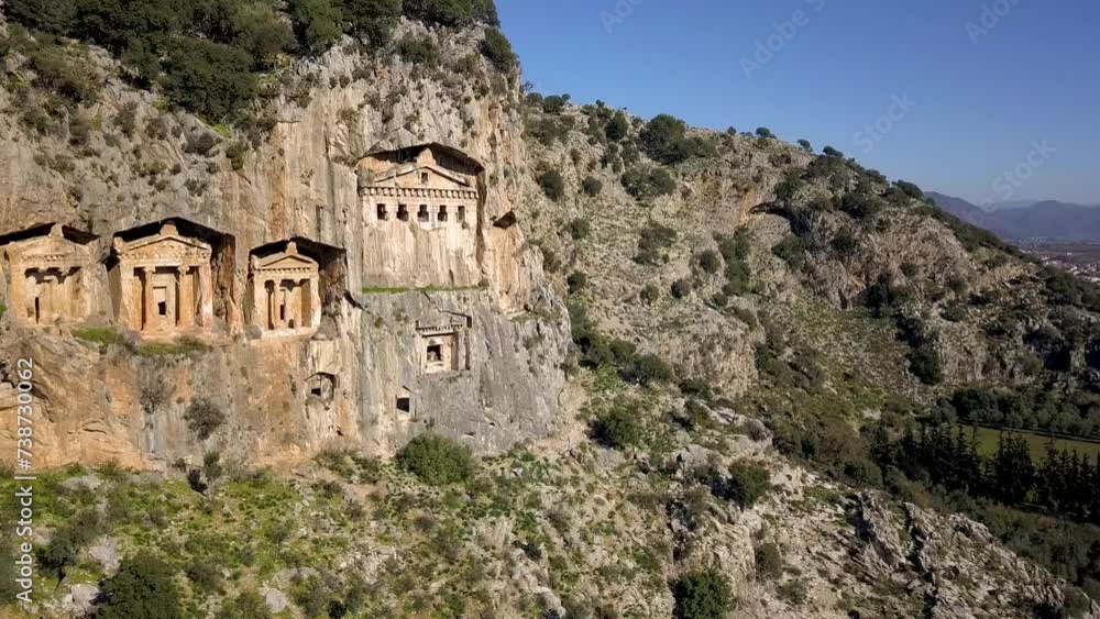 Drone Video of Kaunos (Caunos) King Tombs Ruins in Dalyan, Turkey Drone Video of Kaunos (Caunos) King Tombs Ruins in Dalyan, Turkey