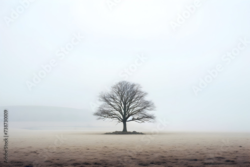 Lonely tree in a misty field, low angle view