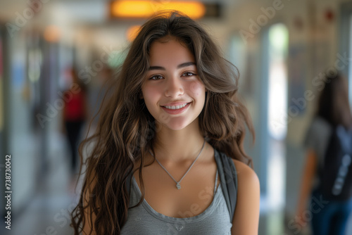 A teenage girl with a captivating smile and flowing wavy hair stands in a lively high school hallway, reflecting a vibrant student life.