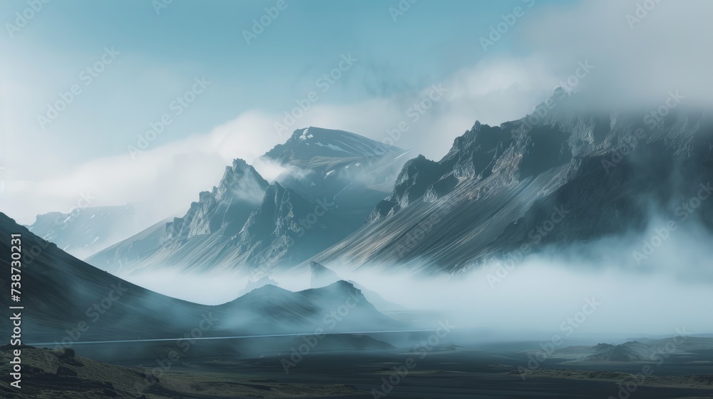 Mountains and fog by highway in Iceland