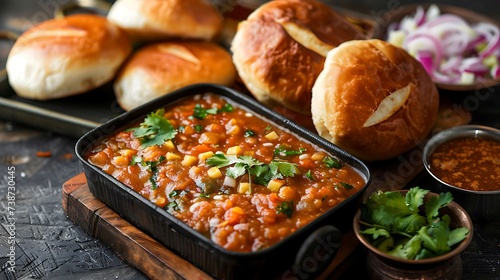 Indian pav bhaji street food dish with mashed vegetable curry and buttered bread rolls photo
