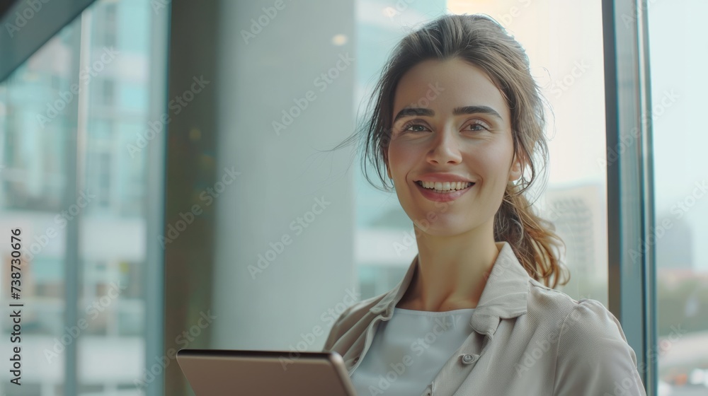 Young happy businesswoman using digital tablet while standing by the window in the office and looking at camera.