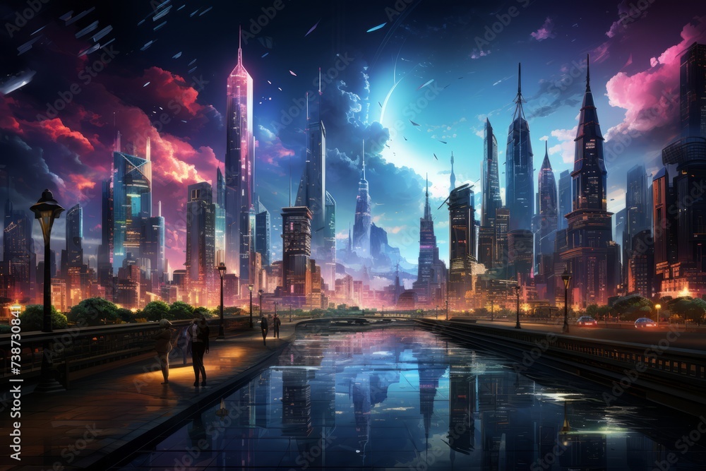a painting of a futuristic city at night with a river in the foreground