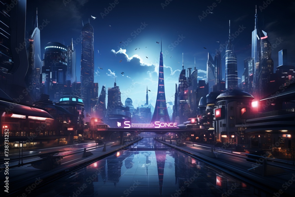 a futuristic city at night with a river in the foreground and a bridge in the background - obrazy, fototapety, plakaty 