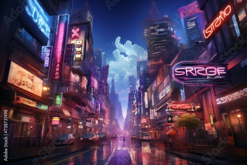 a painting of a futuristic city at night with neon signs
