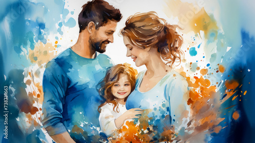 The illustration shows a young and happy family. Parents are happy to hold their child in their arms. This image corresponds to the concept of the Day of Family, Love and Protection. photo