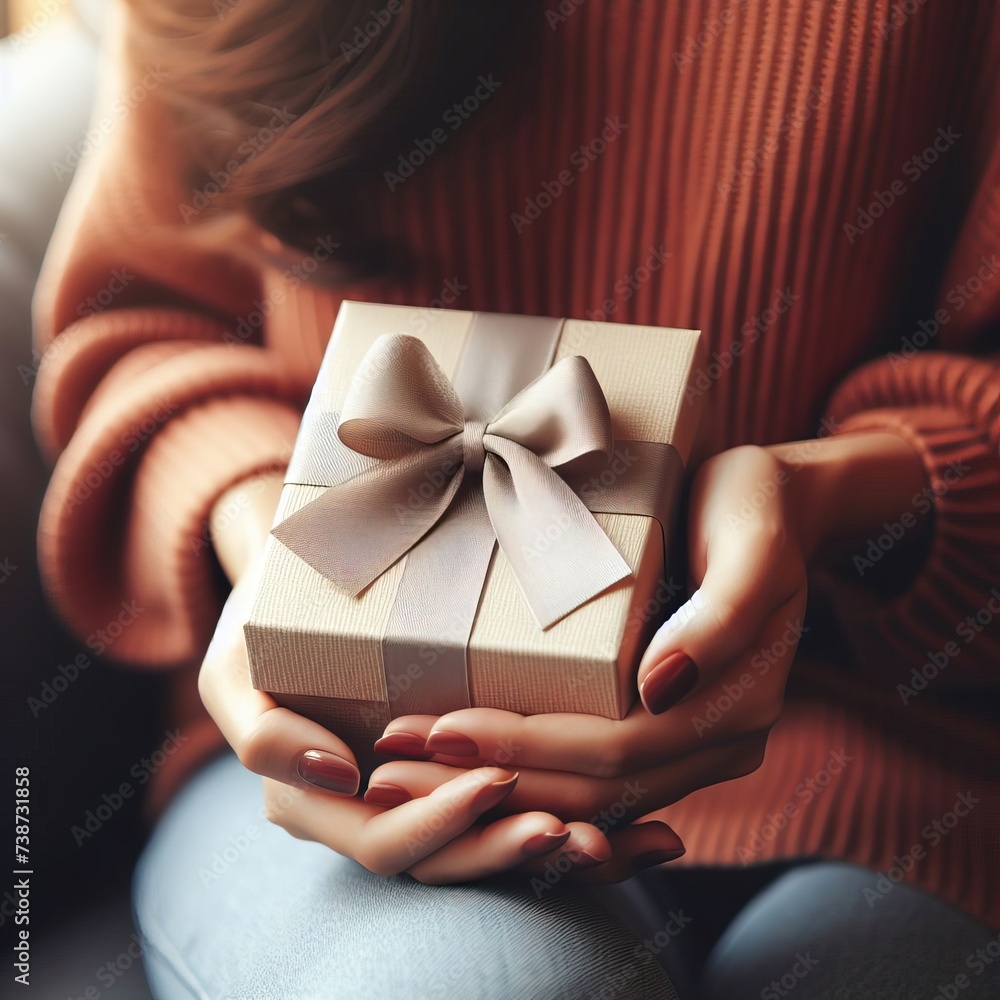 Close-up of a woman's hands holding a box, a gift tied with a beautiful bow. Close-up of a woman's hands holding a box, a gift tied with a beautiful bow.