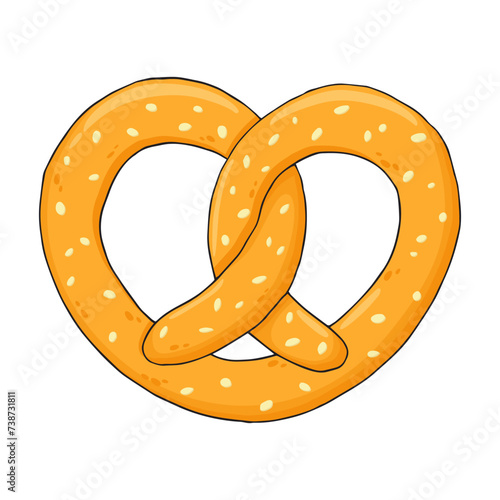 Hand drawn pretzel. Colorful cartoon pretzel with sesame seed. German comfort food pastry. Oktoberfest festival. Used for poster, banner, sticker, t-shirt print, bag print, label, flyer, logo design