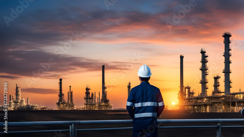 Engineer standing and looking and note at a oil refinery industrial plant and looks at a beautiful landscape.