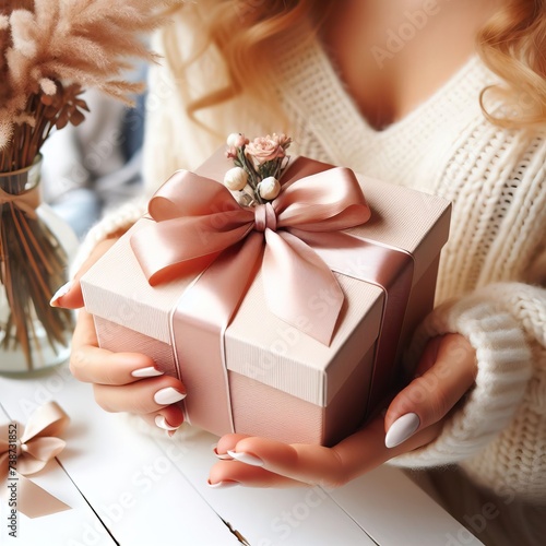 Close-up of a woman's hands holding a box, a gift tied with a beautiful bow.