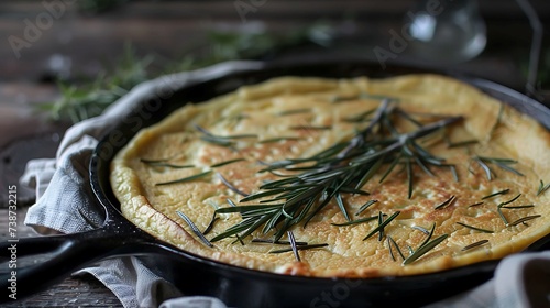 Italian farinata savory chickpea flour pancake topped with rosemary, served hot from the oven photo