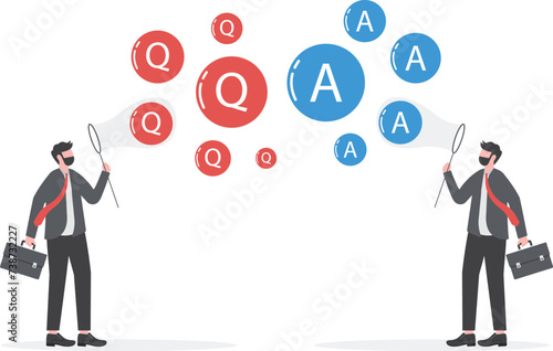 FAQ, frequently asked questions, discussion or questions and answers to get solution on any problems concept, smart businessmans blow flying bubbles with Q and A, question mark sign.

