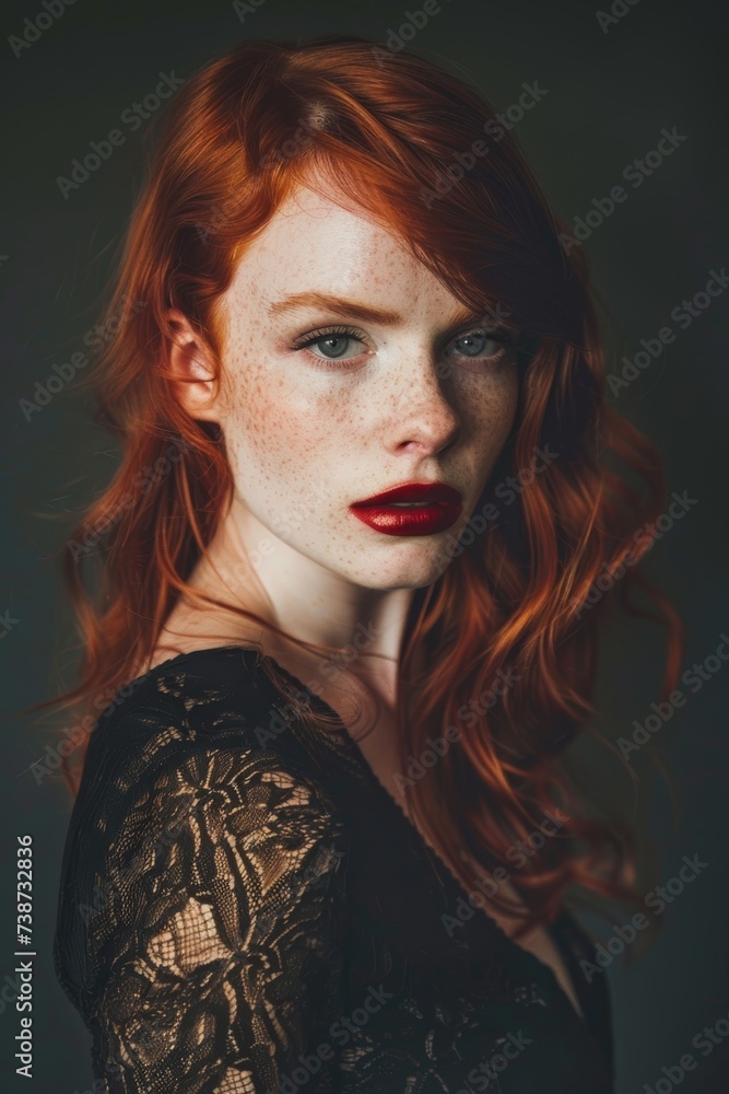 Stylish Woman With Red Hair in Black Dress. Generative AI Stylish Woman With Red Hair in Black Dress. Generative AI