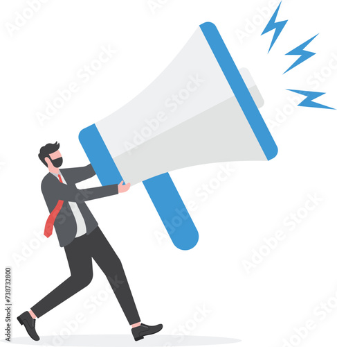 Announcement or storytelling, communication skill or shouting out loud, sending message or attention warning, speak or boss aggression concept, businessman boss shouting on megaphone or loudspeaker.
