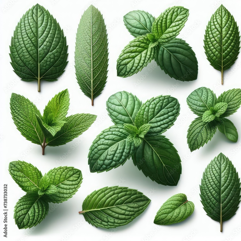 set of green mint leaves isolated on white background - obrazy, fototapety, plakaty 