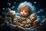A toddler is happily sitting in bed surrounded by teddy bears