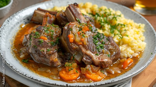 Italian ossobuco Milanese braised veal shanks with vegetables, white wine, and gremolata, served with risotto alla Milanese