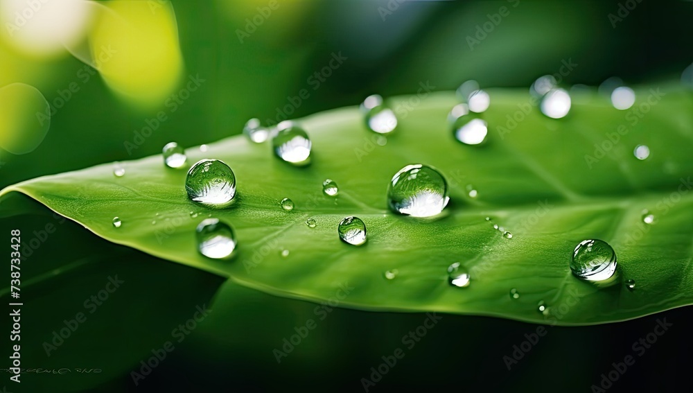 A green leaf with water drops sitting on the green leaf