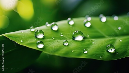 A green leaf with water drops sitting on the green leaf