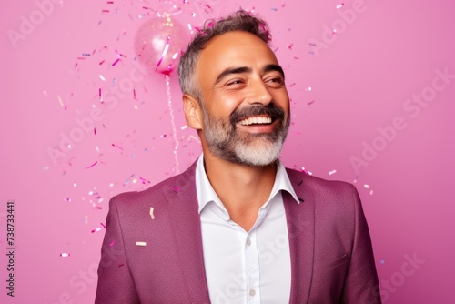 Handsome middle-aged man with party popper on pink background © Loli