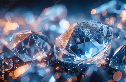 Brilliant diamonds on a reflective surface with soft blue lighting and bokeh, symbolizing luxury and wealth. © Gayan