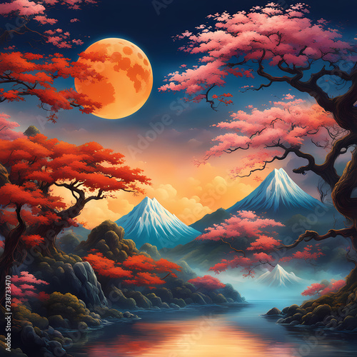 landscape with mountains and moon, landscape moon, landscape mountains, mountains, landsacape, moon, sky, cloud, clouds, sun photo