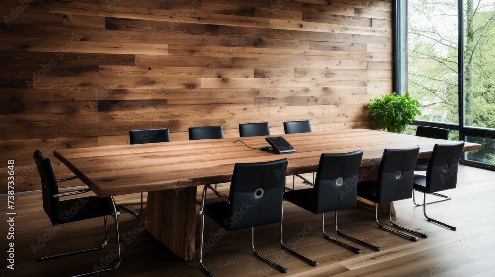 Modern natural material creative workspace in office interior with wooden laminate furniture Modern natural material creative workspace in office interior with wooden laminate furniture