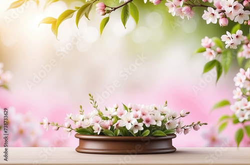 cherry blossom Podium display stage with wooden and natural sakura in full bloom spring nature background