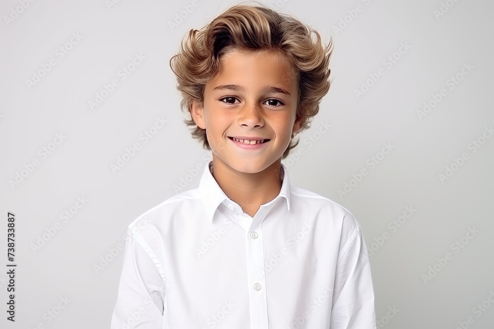 Portrait of a cute little boy in a white shirt on a gray background Portrait of a cute little boy in a white shirt on a gray background