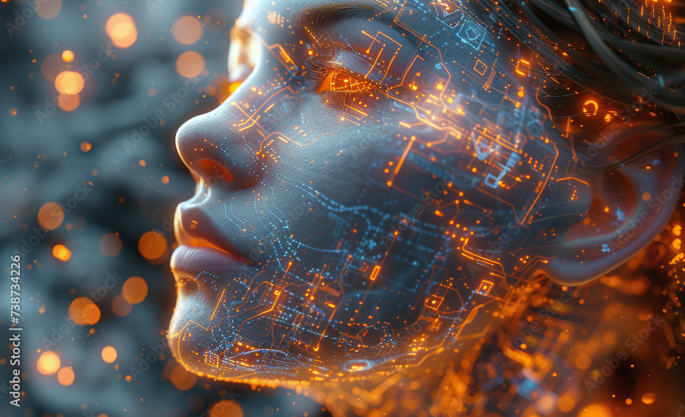 Digital human face with circuit pattern overlay, representing artificial intelligence or virtual reality, with glowing orange lights.