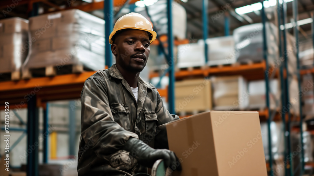 Portrait of confident African-American man working in warehouse. This is a freight transportation and distribution warehouse.
Portrait of confident African-American man working in warehouse. This is a freight transportation and distribution warehouse.