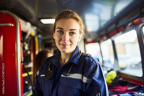 Portrait of a young female paramedic in uniform standing in ambulance
