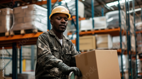 Portrait of confident African-American man working in warehouse. This is a freight transportation and distribution warehouse. 