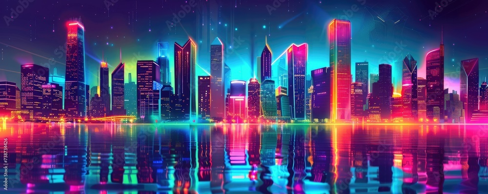 Reflecting beautifully in the tranquil night water, a futuristic city skyline glows with neon lights, creating a mesmerizing scene.
