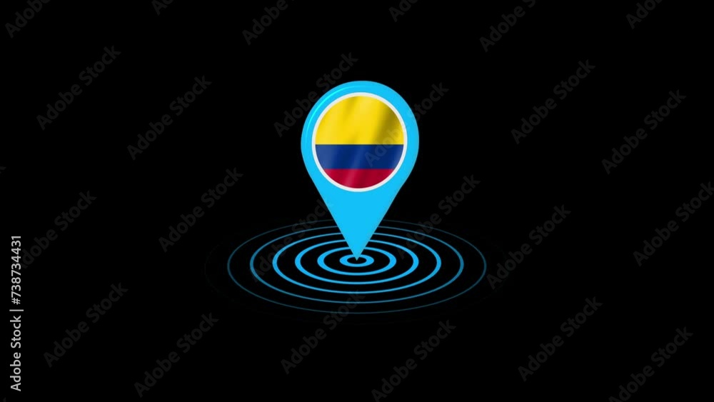 Colombia flag icon gps location tracking animation in black background Colombia flag icon gps location tracking animation in black background