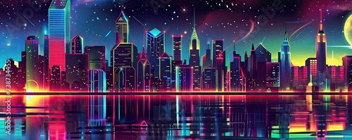 Neon lights from a futuristic city skyline illuminate the tranquil night water, their glow reflecting in a captivating display.