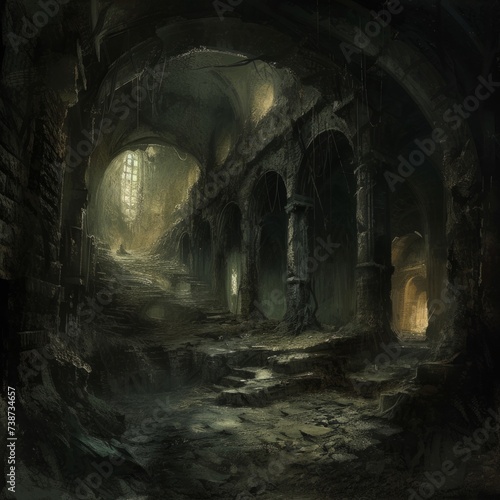 Scary endless medieval catacombs. Mystical nightmare concept