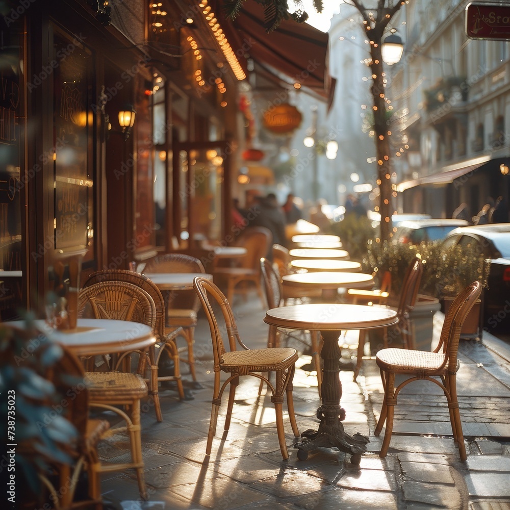 Amidst the bustling city streets, a quaint cafe beckons with its inviting outdoor furniture - a cozy coffee table and chairs nestled in the winter air, perfect for a warm dining experience at this ch
