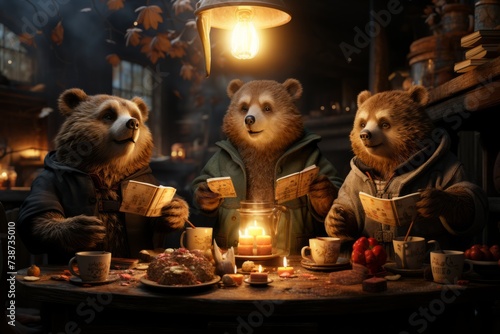 A group of bears sitting at a table, reading books and drinking tea