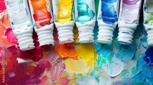 colorful color mixing palette of different color tubes photo