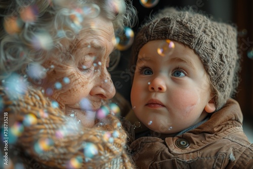 An elderly woman and a young child share a moment of wonder and joy as they gaze at iridescent bubbles floating through the crisp winter air on a chilly christmas day
