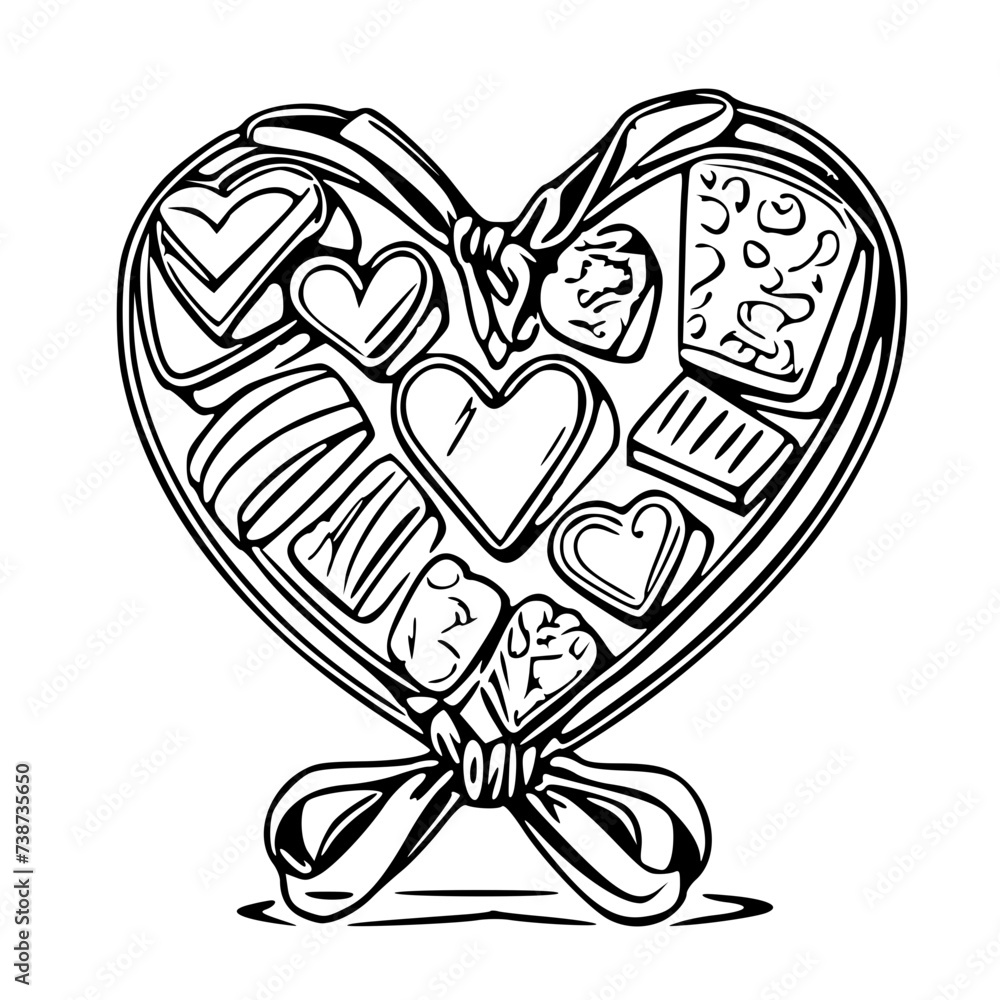 A cute clipart A heart-shaped box of chocolates with a ribbon, valentine day, black and white svg, 169 A cute clipart A heart-shaped box of chocolates with a ribbon, valentine day, black and white svg, 169