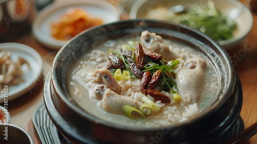 Korean samgyetang ginseng chicken soup with glutinous rice, jujubes, and ginseng, served hot photo