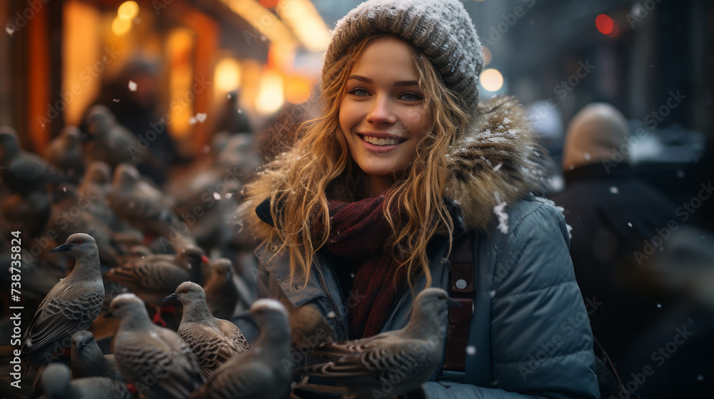Woman Feeding Birds in the Winter