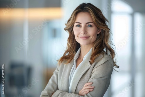 Wallpaper Mural A confident woman stands before a wall, her arms crossed and a subtle smile on her face, her long layered hair framing her human face as she poses for a photo shoot in stylish clothing, with a fashio Torontodigital.ca