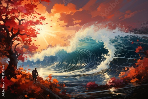 A man gazes at a large ocean wave under the evening afterglow © yuchen